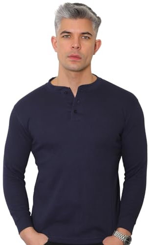 Long Sleeve Henley T Shirt Mens - Grandad Shirt Mens Tops Casual Waffle Knit Button Shirt 2208 (UK, Alpha, M, Regular, Regular, Navy)