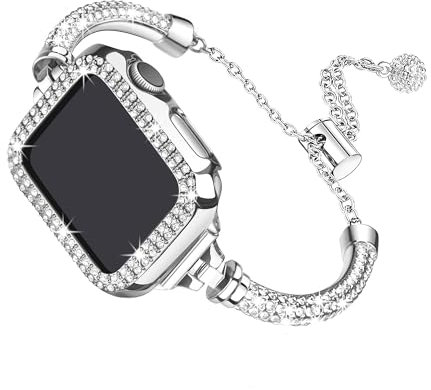 Secbolt Bling Straps Compatible with Apple Watch Straps Series 8/7 41mm with Case, Women Dressy Metal Bracelet with Rhinestone Bumper for iWatch 7, Silver