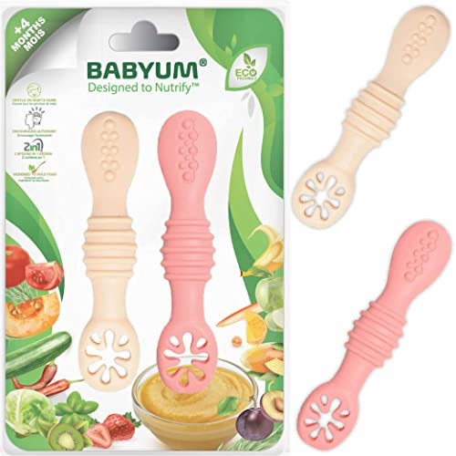 BABYUM® Pack 2 Pré Cuillères d'Apprentissage pour Enfants et Bébés 1er, 2eme Age (+4 /+6/+12 mois) - Ideal Diversification Alimentaire DME BLW - Vaisselle et Couvert Ergonomique (Rose & Pêche)