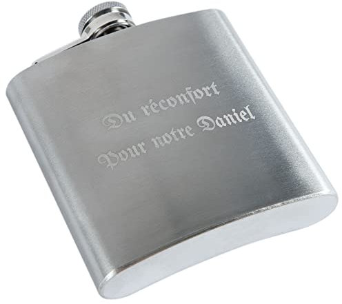 Flasque en acier personnalisé gravé – Flasque argentée de 180 ml avec gravure texte – Flasque à alcool ou Whisky personnalisable