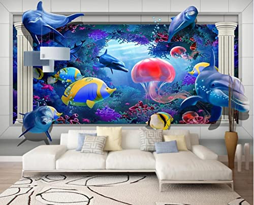 Fototapete 3D Tapete Dunkelblauer Quallen-Delphin Foto Tapeten Wand Tapeten Vliestapete Modern Wandbilder Wohnzimmer