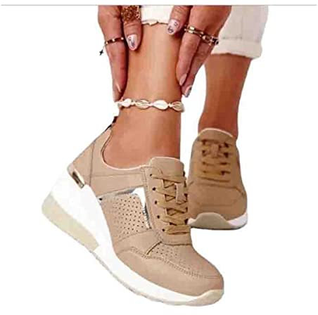 Zapatillas de Deporte para Mujer con CuñA, 2022 Zapatillas de Plataforma para Caminar, Ligeras Zapatillas de Malla Mujer con Cordones, Transpirables, Casuales(Size:EU35,Color:Caqui)