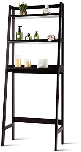 COSTWAY 3-Tier Over Toilet Storage Rack, Wooden Freestanding Washing Machine Shelves, Bathroom Space Saver Laundry Organiser Shelving Unit (Dark Brown)