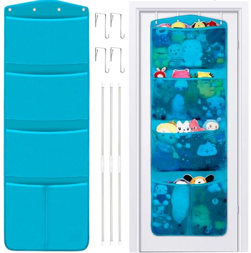 Stuffed Animal Storage, with 3 Large Pockets and 2 Medium Pockets, Over The Door Organizer Storage for Closet, Baby, Plush Toy, Hanging Door Organizer for Nursery, Bedroom, Bathroom, Kids Room(Blue)