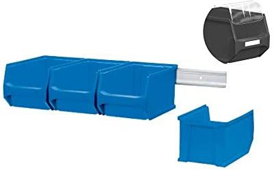 Wandleiste mit 4x Blaue Sichtlagerbox 3.0 mit Abdeckung | HxBxT 12,6x60,5x23,6cm | Wandhalterung, Kleinteileaufbewahrung, Sortimentsboxhalterung