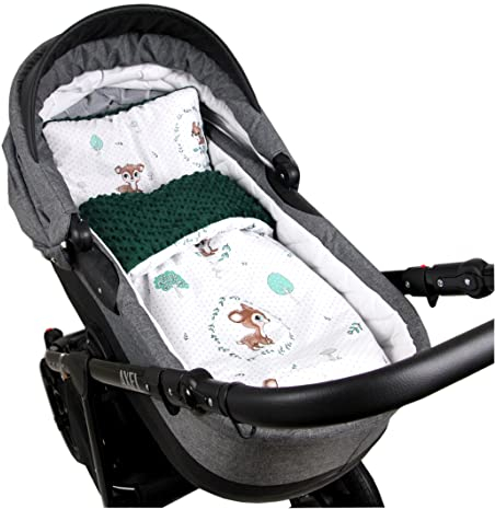 Babylux Babydecke Minky PLÜSCH Kuscheldecke Decke 75 x 60 cm + Kissen 2 TLG Set für Kinderwagen/Wiege (MP120A. Wald REH + Grün)
