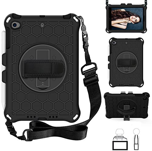 Funda para tablet iPad Mini 1, 2, 3, 4, 5, 7.9 pulgadas, textura de panal, apta para niños, correa de hombro giratoria de 360 grados, espuma EVA, ligera, a prueba de golpes, color negro