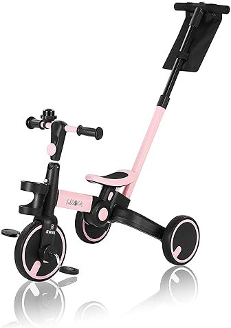 FableKids Tricycle 7in1 Enfant Tricycle Course Enfant Guidon Vélo Bébé Poussette | Direction Parentale | Pliable | Porte-Gobelet | à partir de 18 Mois | Sonnette | Rose