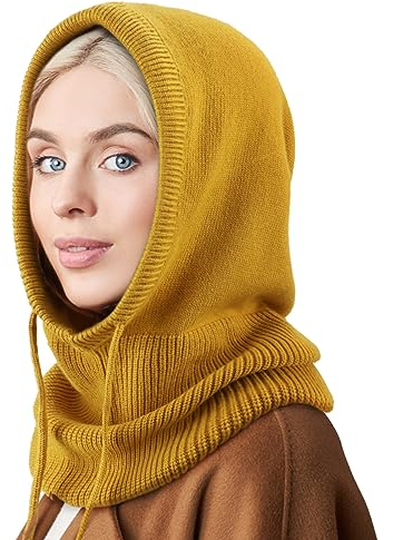 DRESHOW Wintermützen für Damen Balaclava Strickmütze Skull Cap mit Kordelzug Warmer Kapuzenschal Mütze
