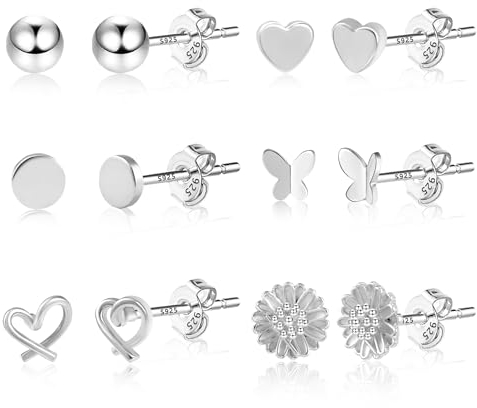 Silber 925 Ohrringe Set Ohrstecker Kleine Damen, 6Paar Multipack Ohrringe Sterling Silber Ohrstecker Knorpel Set Ohrringe Kleine Silber Glitz Ohrstecker Herz Kugel Schmetterling Ohrringe Damen Frauen