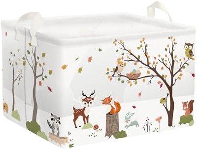 Clastyle Wildtiere Kinder Wäschekorb mit Henkel Baumzweige Kleidung Spielzeug Aufbewahrungskorb Jungen Mädchen Aufbewahrungsbox für Babyzimmer Bad, Hirsche Fuchs Waschbär, 36*26*23 cm