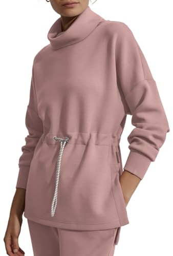 FUPHINE Damen Rollkragen-Sweatshirt, übergroß, langärmelig, Seitenschlitz, weicher Kapuzenpullover mit Kordelzug an der Taille, Beige, S