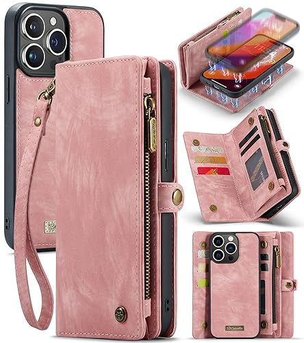 UFinetech für iPhone 15 Pro Max Hülle, Flip Leder TPU Stoßfeste Kartenfach Tasche Handyhülle für iPhone 15 Pro Max, Magnetisch Kratzfest Abnehmbare Reißverschluss mit Band Schutzhülle Cover, Rosa