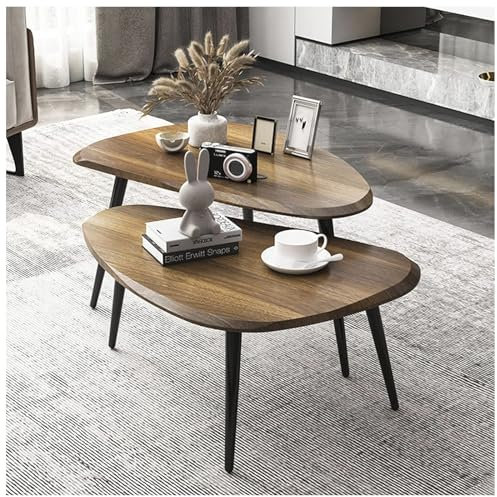 PJDDP Lot de 2 Tables Basses Gigognes en Bois, Tables D'Appoint en Noyer avec Pieds en Métal, Ensemble de Tables Gigognes Modernes pour Salon, Petit Espace, Appartement, Balcon, Cour