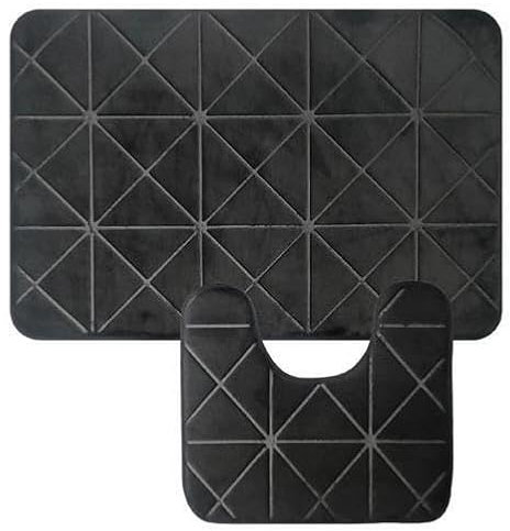 Vivo Technologies Set of 2 Bath Mat Super Soft Memory Foam Non Slip Bathroom Mats with Water Absorbent, Machine Washable Toilet Mat, 50 X 80 cm bath rug and 45 X 37.5 cm toilet pedestal,Black Lattice