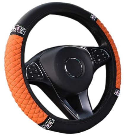 Lenkradbezug Auto,Lenkradbezug Leder,Universal weich bequem Steering Lenkradschoner für Auto Zubehör,Diamant-Lenkradabdeckung Lenkradhülle Sommer Winter Autozubehör Innenraum 37-38cm Orange