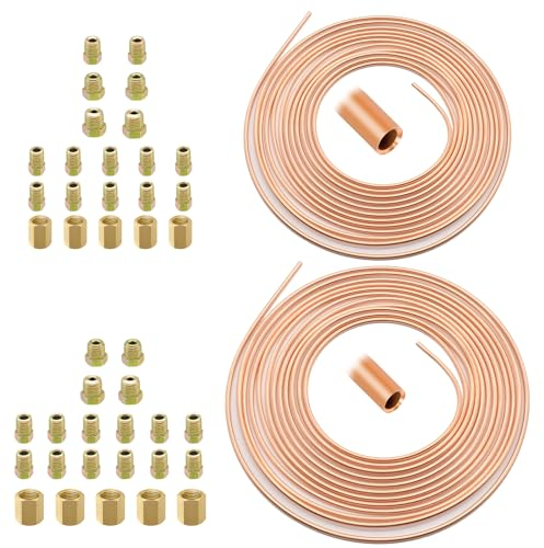 Tuyau de Frein Voiture, 7,62 m Ø 3/16 (4,75 mm) + 7,62 m Ø 1/4 (6,35 mm), Conduite de Frein en Acier Cuivre avec 32 Raccord Tuyau Frein + 10 Connecteurs, Durite Frein Voiture