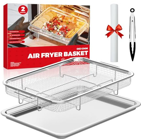 Cestino per friggitrice ad aria per forno, cestello per friggitrice ad aria e teglia in acciaio inox, per forno, friggitrice ad aria, per cucinare in lavastoviglie e grigliare (39,6 x 29,5 cm)