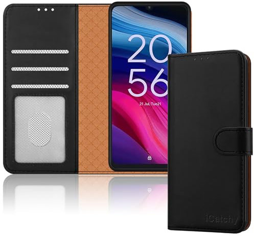 iCatchy For TCL 505 Case Leather Wallet Book Card Slots Magnetic Closure Kickstand Shockproof RFID Blocking Protective Phone Cover for TCL 505 (Black)
