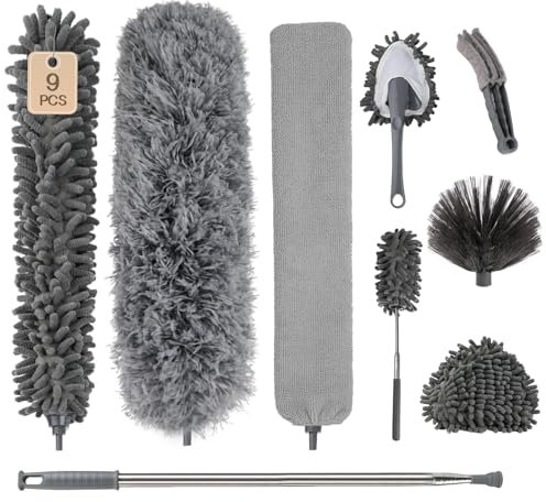 Plumeau Télescopique, Microfibre et en Acier Inoxydable avec Télescopique et Balai d'angle Flexible Pouvant Atteindre 240CM Plumes pour Une Utilisation Partout dans la Maison (9CS)