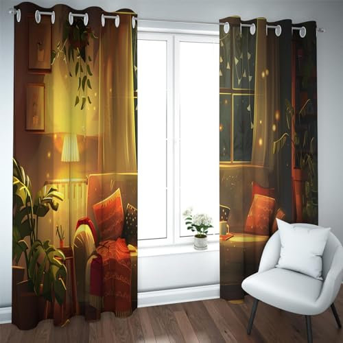 YUNART Moderne Stil Verdunkelungsvorhänge Leseecke und Arbeitszimmer Gemusterte Vorhänge für Wohnzimmer Palmblätter Muster Vorhänge für Familienzimmer 2X W152xL214cm