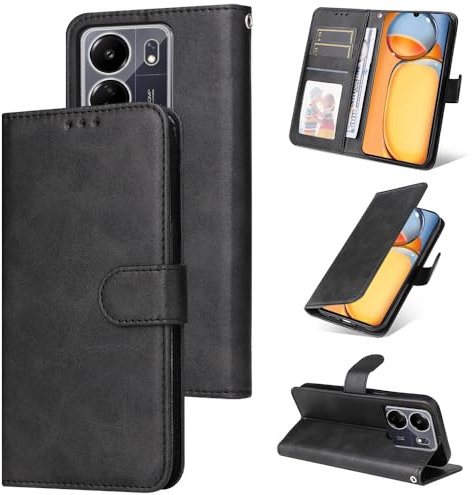 E-Lush Handyhülle für Xiaomi Redmi 13C 4G/ 5G Hülle Leder, Schutzhülle Xiaomi Redmi 13C/ Poco C65 Hülle Standfunktion Kartenfach Klapphülle 360 Stoßfeste RFID-Blockierung Wallet Flip Case, Schwarz