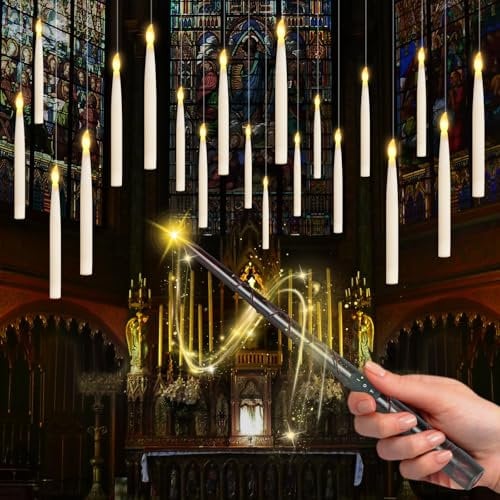 Joellfuner Bougies LED, Bougie Flottante, Magiques à Suspendre avec Baguette et Minuterie, Lumière Chaude Vacillante, Bougies Sans Flamme à Piles pour Décoration Halloween, Noël (Blace-20Pièces)