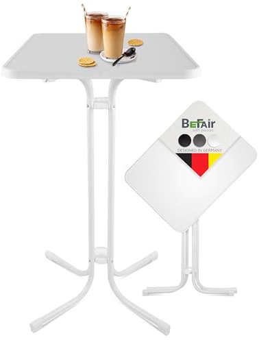 BeFair Stehtisch Klappbar Weiß Rechteckig 60 x 80 cm Ela - Stabiler Partytisch in Höhe 110 cm mit 4 praktischen Haken für Jacken oder Handtaschen für Empfänge, Hochzeiten und Grillpartys