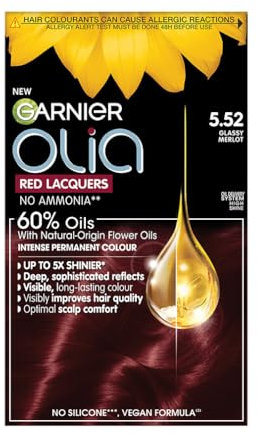 Garnier Olia Red Lacquers Permanent Hair Dye, Full Grey Coverage, Intense Shine & Softness, Ammonia & Silicone-Free, Shade: 5.52 Glassy Merlot