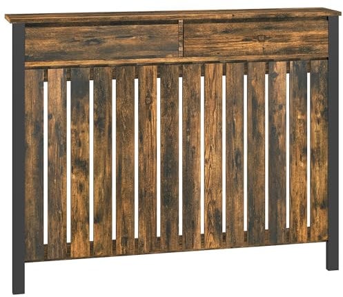HOMCOM Radiator Cover with Drawers, Vertical Slatted Grill, Industrial MDF Wood Cabinet Shelf Heating Cover for Living Room, Bedroom, Hallway, Large, 119 x 19 x 93cm, Rustic Brown