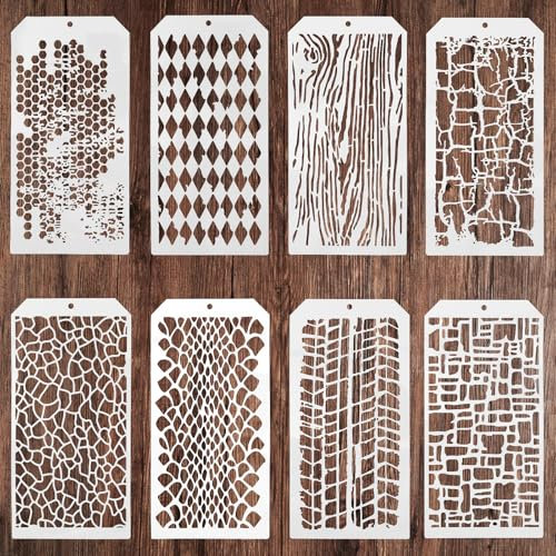 8Pcs Texture Stencils for Painting, Brick Stencils for Crafts Reusable Spray Paint Stencils with Ring, Wood Grains Geometric Drawing Templates, Art Stencils Brick Stencil on Wall Cake Decor (5×9cm)