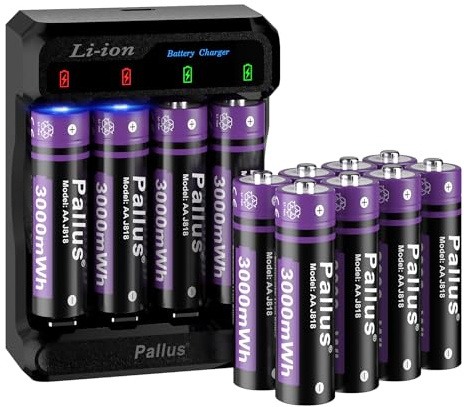 Pallus 12 Stück Wiederaufladbare Lithium AA Akku, 3000mWh Hoher Kapazität mit bis zu 1600 Zyklen, 2-Stunden-Schnellladegerät mit 4 Unabhängige Steckplätze
