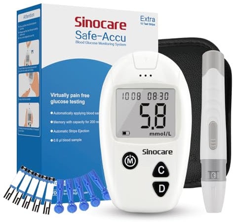 sinocare Safe Accu Blood Sugar Monitor, Blood Sugar Test Kit with 10pcs Test Strips, for Self-Testing, Diabetes Testing Kit, Start-Kit