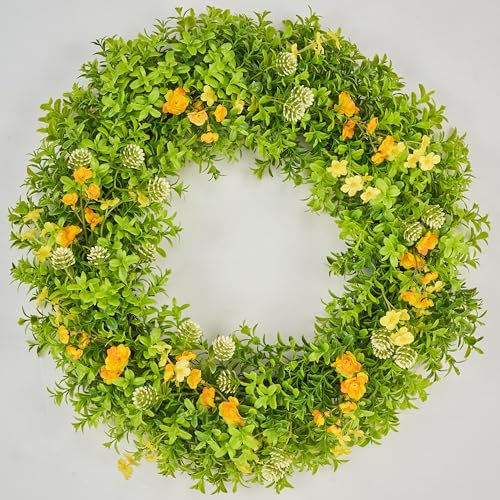 Avoceo Künstlicher Kranz für Haustür, ganzjähriges Grün, Frühling und Sommer, dekorativer Kranz für Türdekoration, perfekt für Bauernhaus, Hochzeiten und saisonale Dekoration (C-Wildblume)