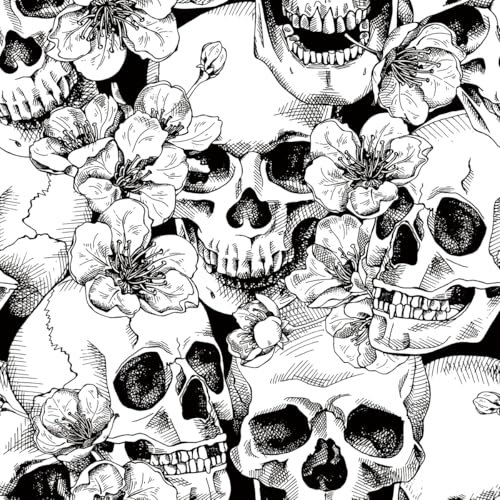 AMIGO Schwarz/Weiß Sugar Skull Tapete Gothik-Stil - Selbstklebende Abziehbare Vinyl-Folie mit Blumenmuster, für Schlafzimmer und Akzentwände 44.5cm x 5m