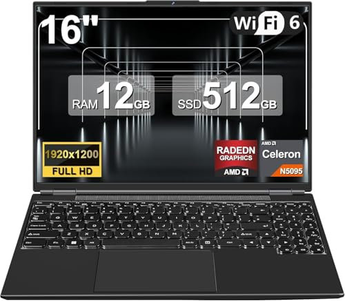 Laptop 16 Celeron N5095 (Up to 2.9GHz) 12GB RAM 512GB SSD Win11 Laptops Support 1TB SSD & 512GB TF Expansion | FHD 1920x1200 | Webcam | Long Battery Life | Black | For Students & Business
