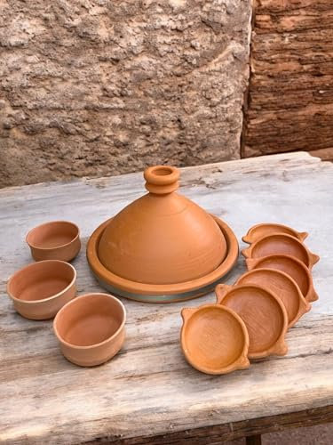 Tajine XL 6 persone - 10 pezzi - Tajine Berbère Ø 36 e 6 piatti e 3 ciotole - Artigianato e traduzione del Marocco - Autenticità e viaggio