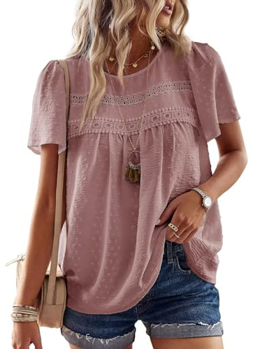 TUUHAW Femme Chemisier Boho Blouse Manches Courtes Col Rond Tunique Fluide | Dentelle T-Shirt, Décontracté Tops, Chemise Chic et Élégant, Été Fluide Hauts, Confortable T-Shirt, Vacances Formel Blouse