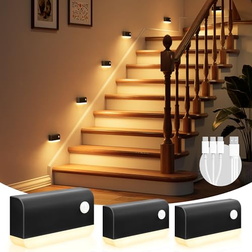 VOLISON Stair Lights Motion Sensor Indoor, 3 Pack Motion Sensor Night Light Stick on Wall, 1200mAh Rechargeable LED Stair Lights, Sensor Lights for Hallway, Bedroom, Closet, Bathroom,Toilet (Black)