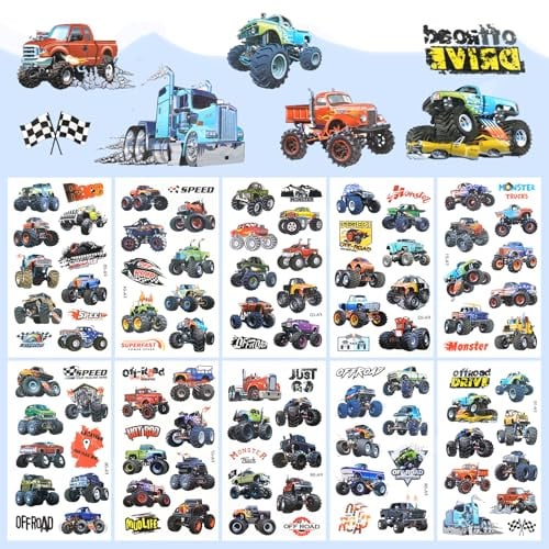 10 Blätter Monster Truck Tattoo Kinder, Monstertruck Kinder Tattoo Jungen, Hautfreundlich Bauernhof Auto Tattoo Aufkleber, Wasserdichte Temporäre Tattoos für Party Spielspass