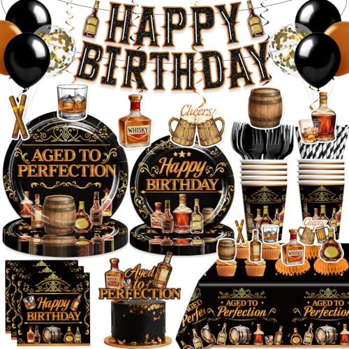 Yingoto Aged to Perfection Birthday Decorations for Men – 207PCS Whiskey Birthday Decorations Set with Plates, Napkins, Cups, 2 Tablecloths, Balloons, Banner & Cupcake Toppers, Serves 25 Guests
