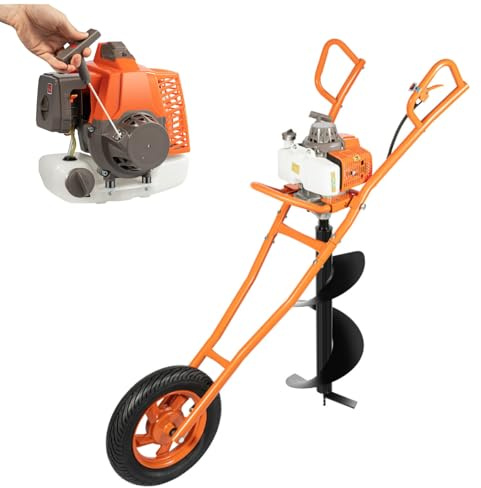 CHIMHOON 2-Takt Benzin Erdbohrer mit Handwagen, 63CC Erdbohrer Erdlochbohr, Benzin Pfahlbohrer Erdbohrgerät mit 30cm Bohrer, Gasbetriebener Erdbohrer