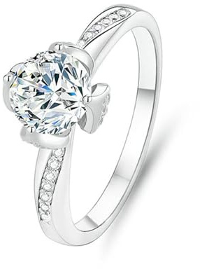Mesnt Verlobungsring Damen Weißgold, Damen 9 Karat Weißgold Runder Ring mit 6,5 mm Moissanit 1 ct, Größe 53 (16.9)