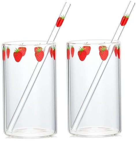 Pesoncarl Tazza in vetro fragola con cannuccia 2 Set Tazze in vetro borosilicato alto per fragola per donne e ragazze Bicchieri multiuso per latte, succhi per feste