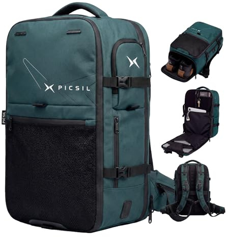 PICSIL Horizon Reise-Rucksack - Erweiterbar 26L-33L Handgepäck Flugzeug - Wasserdichte Laptoptasche 15,6 Zoll mit Schuhfach - Daypack für Reise, Gym & Arbeit - Moss