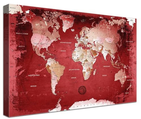 Stilvolle Pinnwand Weltkarte - Red - Deutsch in 100 x 70 cm, stabile Rückwand zum Pinnen inkl. Starterkit - Leinwand-Kunstdruck Wandbild Landkarte XXL