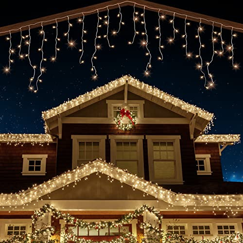 ANSIO® Outdoor Christmas Lights 220 LED 7.5m/24ft Icicle Lights Outdoor & Indoor Warm White Decorations String Fairy Outside Lights with Timer for Xmas Garden Bedroom & Party|Mains Powered Clear Cable