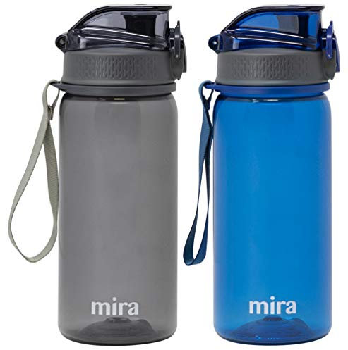 MIRA Tritan-Wasserflasche, BPA-frei, Sportflasche mit sicherem Klappdeckel, leicht zu fließender Trinkschnabel, Anthrazit/Marineblau, 2 Stück