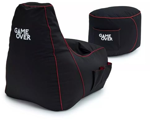 Game Over Videospiel-Sitzsack und Fußhocker Bundle | Indoor Outdoor | Seitentaschen für Controller | Headset-Halter | Ergonomisch geformt für Gamer (Feuerrune)