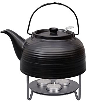 Teeservice „Nelly“. Moderne Teekanne 1,5 Liter in schwarz-schwarz aus hitzebeständiger Keramik mit Edelstahlfilter und Metall-Stövchen.